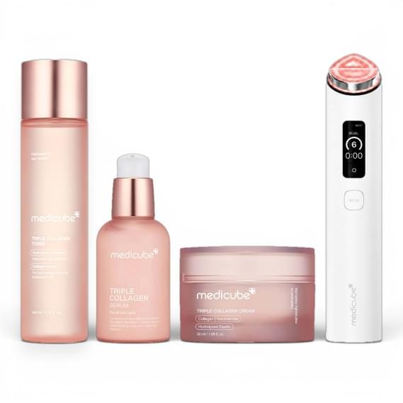 Премиальный набор для комплексного ухода с тройным коллагеном Medicube AGE-R Booster Pro X2 + Triple Collagen Toner + Triple Collagen Serum + Triple Collagen Cream White MEDICUBE 140 мл + 55 мл + 50 мл + 1 шт